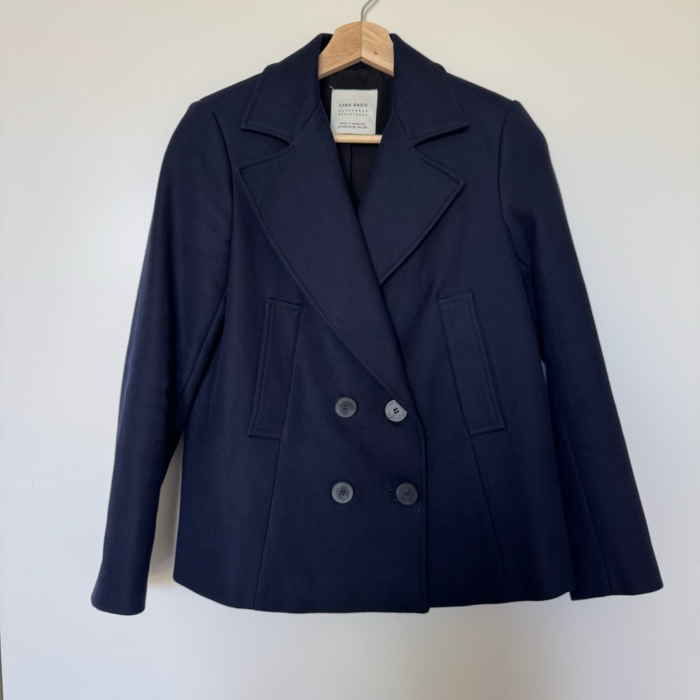 Zara Blue Pea Coat Double-Breasted